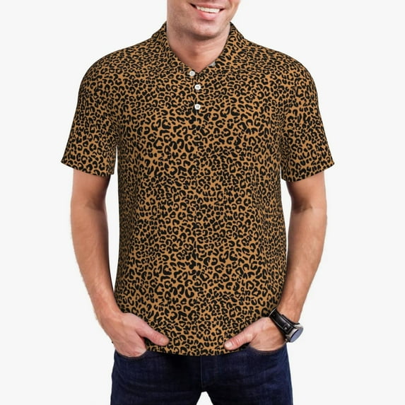 Daiia Leopard Pattern Men’s Polo Shirts,Solid Deck Shirt,Classic Fit, Breathable Cotton Polo for Casual and Sport Wear-Large