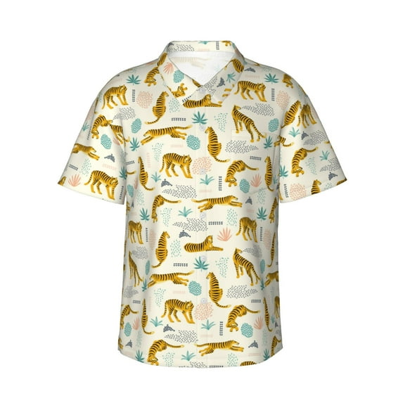Daiia Leopard Print Hawaiian Shirt for Men Gentle Cotton Regular Short Sleeve Casual-Large
