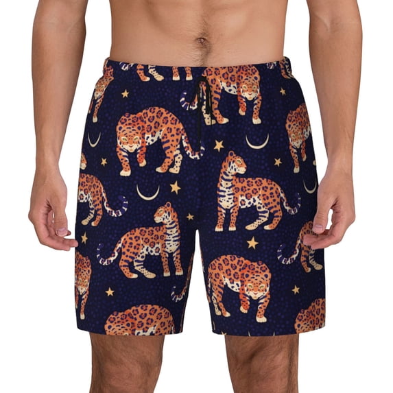 Daiia Leopard Print Mens Swim Trunks Swim Shorts Quick Dry Swim Shorts with Mesh Lining Pockets-Small