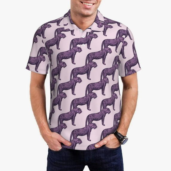 Daiia Leopard Print Pattern Men’s Polo Shirts,Solid Deck Shirt,Classic Fit, Breathable Cotton Polo for Casual and Sport Wear-X-Large