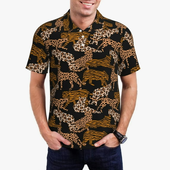 Daiia Leopard Print Pattern Men’s Polo Shirts,Solid Deck Shirt,Classic Fit, Breathable Cotton Polo for Casual and Sport Wear-XX-Large