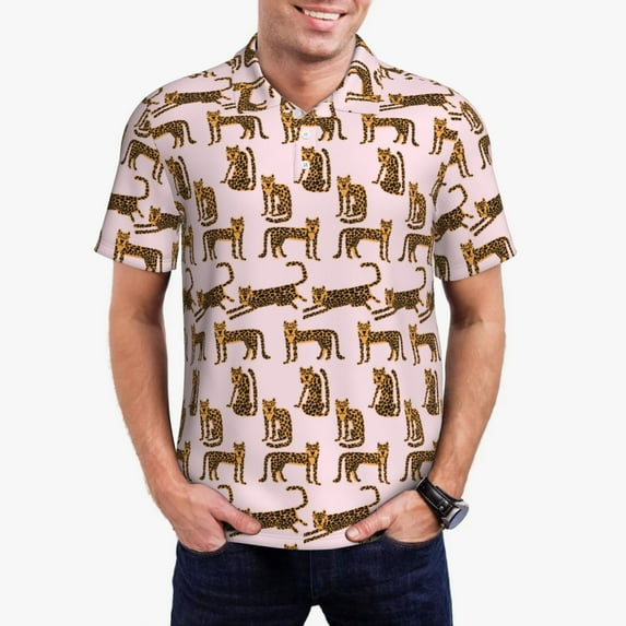 Daiia Leopard Print Pattern Men’s Polo Shirts,Solid Deck Shirt,Classic Fit, Breathable Cotton Polo for Casual and Sport Wear-XX-Large