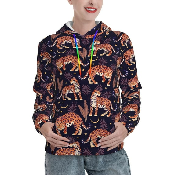 Daiia Leopard Print Pattern Women's Fashion Hoodies & Sweatshirts with Kangaroo Pocket Hooded Sweatshirt with Eye-catching Drawstrings-Large