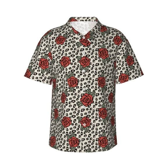 Daiia Leopard Print Rose Hawaiian Shirt for Men Gentle Cotton Regular Short Sleeve Casual-XX-Large
