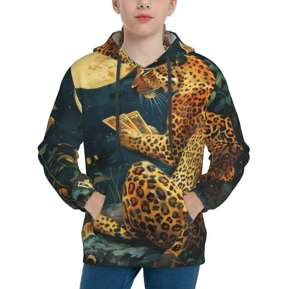 Daiia Leopard Reading Tarot Cards for Boys Fashion Hoodies & Sweatshirts with Kangaroo Pocket,Hooded Sweatshirt for Kid, Breathable& Moisture Wicking-Small
