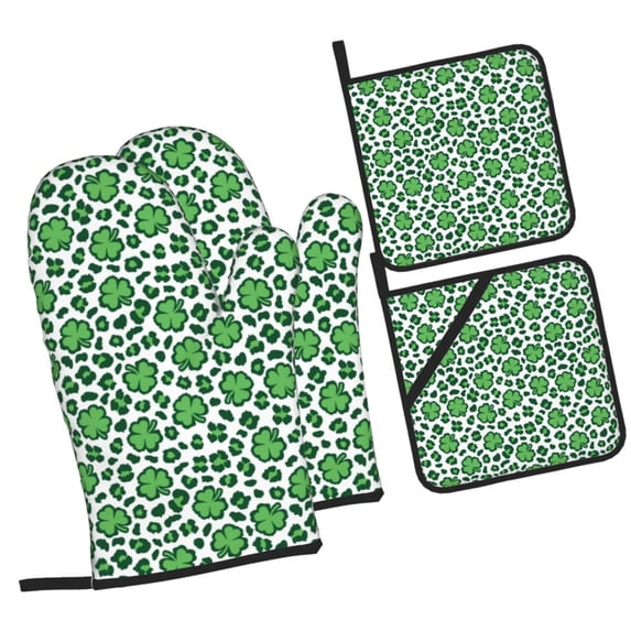 Daiia Leopard print St. Patrick's Day Pattern Oven Mitts and Pot Holders 4 pcs Set,High Heat Resistant 500 Degree Extra Thicken Long Kitchen Cotton Oven Glove