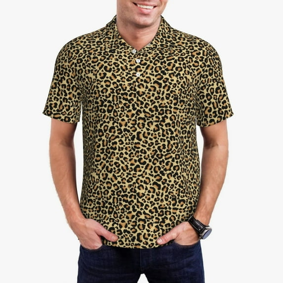 Daiia Leopard1 Pattern Men’s Polo Shirts,Solid Deck Shirt,Classic Fit, Breathable Cotton Polo for Casual and Sport Wear-Small