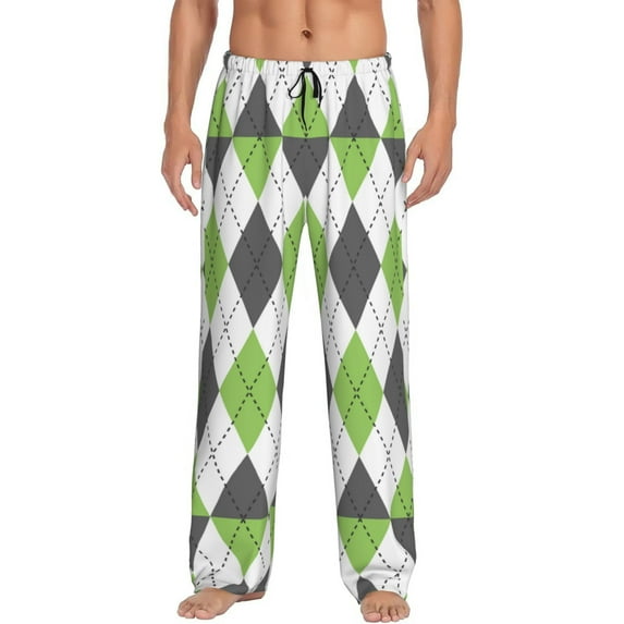 Daiia Light green and black argyle Pattern Men's Sleep Pant with Pockets and Drawstring,Pajama Pants-Large