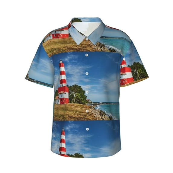 Daiia Lighthous Hawaiian Shirt for Men Gentle Cotton Regular Short Sleeve Casual-Medium