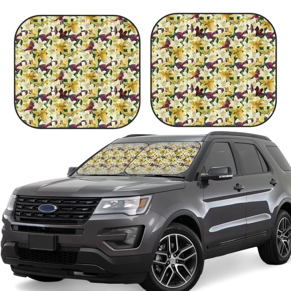 Daiia Lilies Flowers 2PCS Car Windshield Sun Shade, Foldable Sun Shield for Car Front Window, Auto Sun Blocker Visor Protector Universal for Truck SUV Pickup-Large