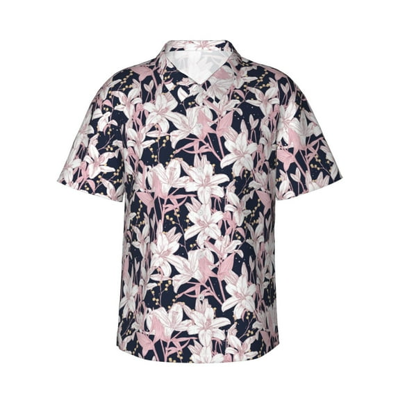 Daiia Lilies Flowers Hawaiian Shirt for Men Gentle Cotton Regular Short Sleeve Casual-3X-Large
