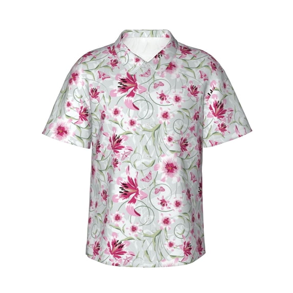 Daiia Lilies Flowers Hawaiian Shirt for Men Gentle Cotton Regular Short Sleeve Casual-3X-Large