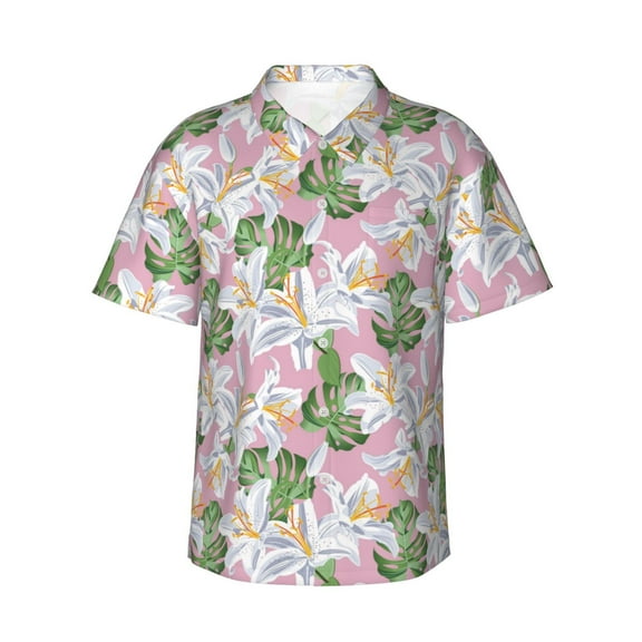 Daiia Lilies Flowers Hawaiian Shirt for Men Gentle Cotton Regular Short Sleeve Casual-Large