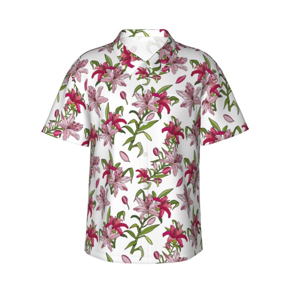 Daiia Lilies Flowers Hawaiian Shirt for Men Gentle Cotton Regular Short Sleeve Casual-Small