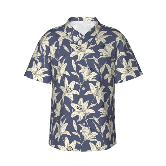 Daiia Lilies Flowers Hawaiian Shirt for Men Gentle Cotton Regular Short Sleeve Casual-Small