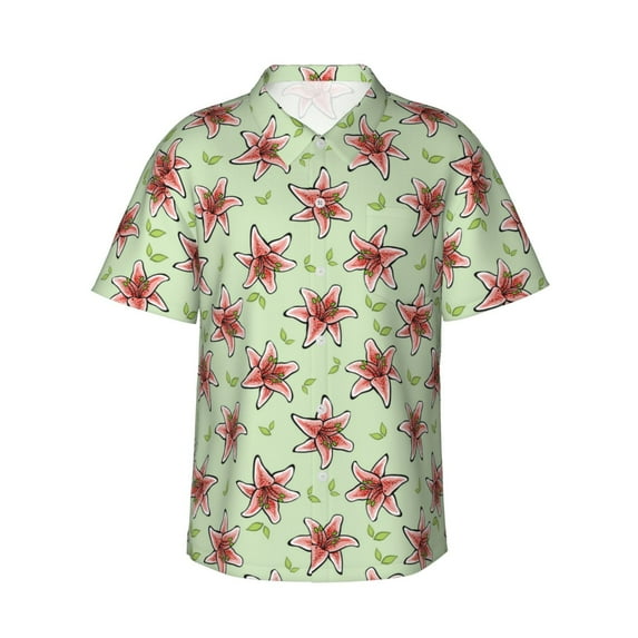 Daiia Lilies Flowers Hawaiian Shirt for Men Gentle Cotton Regular Short Sleeve Casual-Small