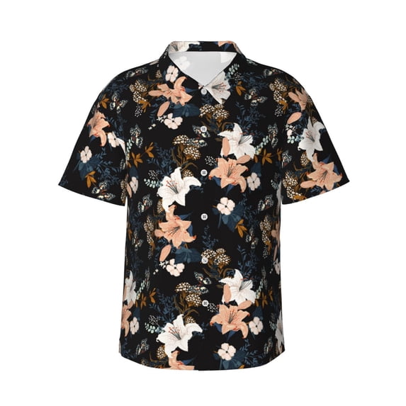 Daiia Lilies Flowers Hawaiian Shirt for Men Gentle Cotton Regular Short Sleeve Casual-