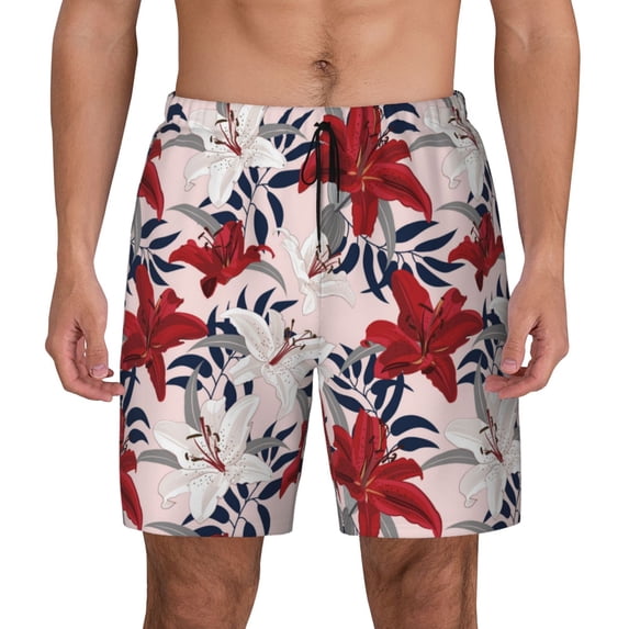 Daiia Lilies Flowers Mens Swim Trunks Swim Shorts Quick Dry Swim Shorts with Mesh Lining Pockets-X-Large