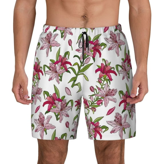 Daiia Lilies Flowers Mens Swim Trunks Swim Shorts Quick Dry Swim Shorts with Mesh Lining Pockets-XX-Large