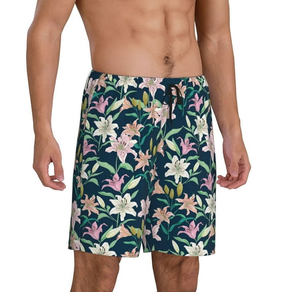 Daiia Lilies Flowers Mens Woven Stretch Pajama Short,Short Pajama Pants-Small