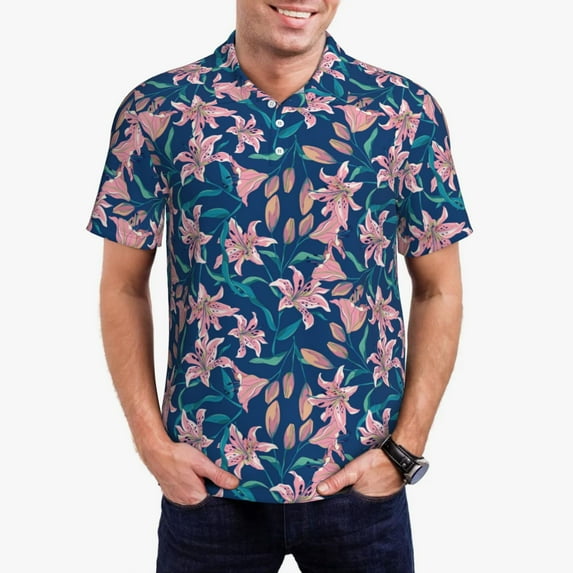 Daiia Lilies Flowers Pattern Men’s Polo Shirts,Solid Deck Shirt,Classic Fit, Breathable Cotton Polo for Casual and Sport Wear-Large