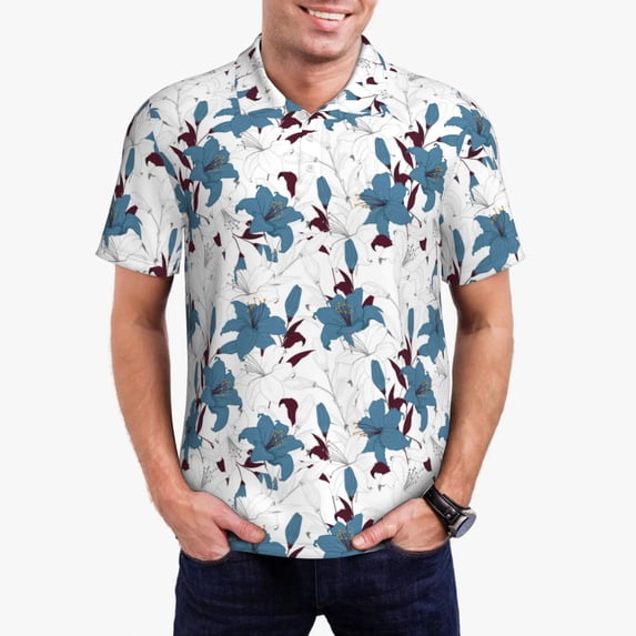 Daiia Lilies Flowers Pattern Men’s Polo Shirts,Solid Deck Shirt,Classic Fit, Breathable Cotton Polo for Casual and Sport Wear-Medium