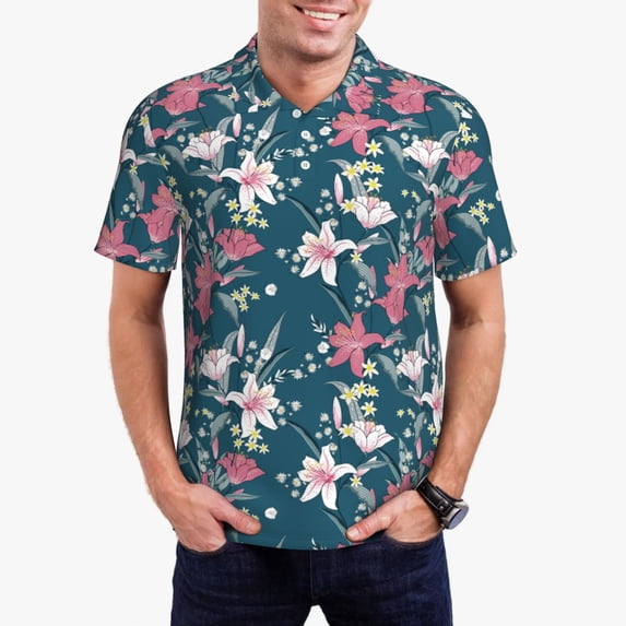 Daiia Lilies Flowers Pattern Men’s Polo Shirts,Solid Deck Shirt,Classic Fit, Breathable Cotton Polo for Casual and Sport Wear-Small