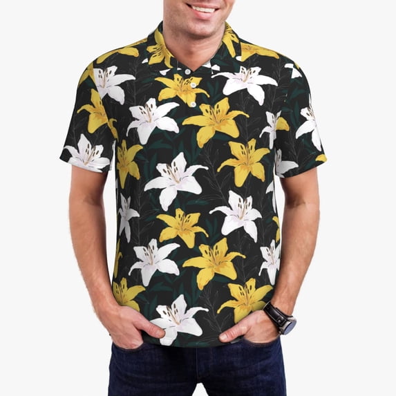 Daiia Lilies Flowers Pattern Men’s Polo Shirts,Solid Deck Shirt,Classic Fit, Breathable Cotton Polo for Casual and Sport Wear-X-Large