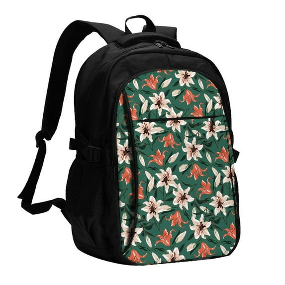Daiia Lilies Flowers Pattern USB Charging Backpack for Men and Women, Anti-Theft Backpack,Travel Backpack,School Backpack,College Backpack,Laptop Backpack
