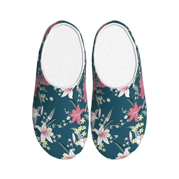 Daiia Lilies Flowers Print Women’s Fuzzy Slippers Memory Foam Lightweight House Shoes Cozy Loafer Flannel House Shoes-46/47