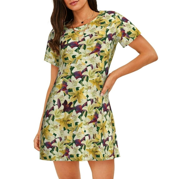 Daiia Lilies Flowers Print Women's Nightshirt Soft Nightgowns for Women Short Sleeve dress Short-sleeved Sleepwear