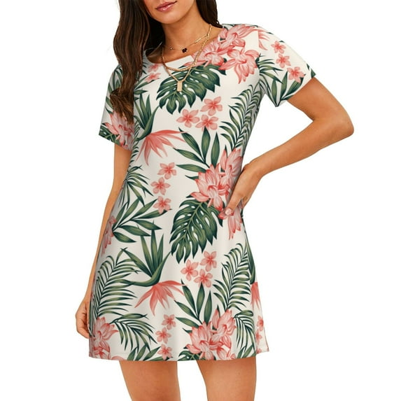 Daiia Lilies Flowers Print Women's Nightshirt Soft Nightgowns for Women Short Sleeve dress Short-sleeved Sleepwear