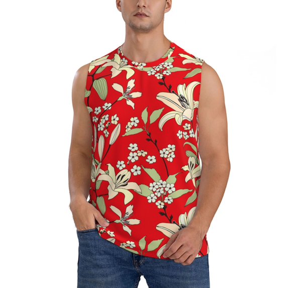 Daiia Lilies Flowers Printed Men's Tank Tops,Casual Soft Sleeveless Gym Muscle Shirts Bodybuilding Tee-XX-Large