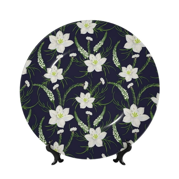 Daiia Lilies Flowers Printed Pattern Ceramic Plate Dinner Plates Bone China Decorative Plates with Display Stand Art Ceramic Ornaments for Wall Hanging Decoration-8in