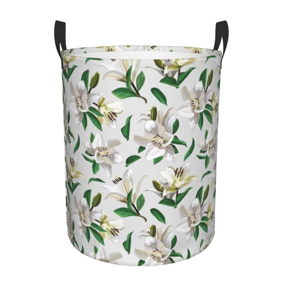 Daiia Lilies Flowers Round Laundry Basket with Handles Thickened Waterproof Circular hamper,Dirty Clothes Storage Basket for Bedroom,Bathroom,College Dorm-