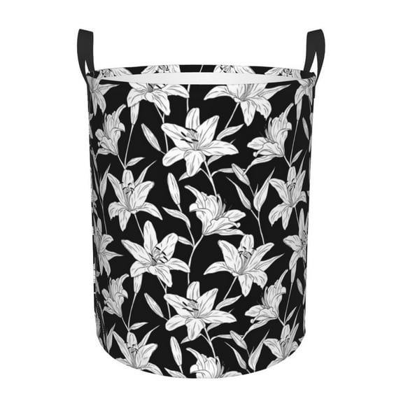 Daiia Lilies Flowers Round Laundry Basket with Handles Thickened Waterproof Circular hamper,Dirty Clothes Storage Basket for Bedroom,Bathroom,College Dorm-Medium