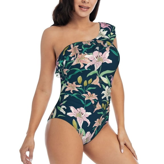 Daiia Lilies Flowers Women's One Piece Swimsuits Personalized One Shoulder Swimwear Asymmetric Ruffle Bathing Suits-Small