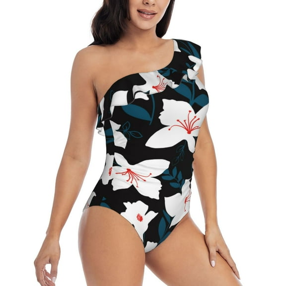 Daiia Lilies Flowers Women's One Piece Swimsuits Personalized One Shoulder Swimwear Asymmetric Ruffle Bathing Suits-X-Large