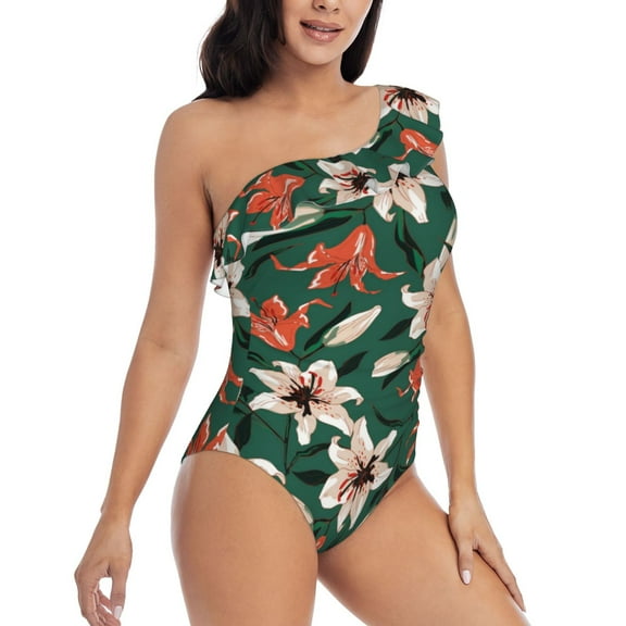 Daiia Lilies Flowers Women's One Piece Swimsuits Personalized One Shoulder Swimwear Asymmetric Ruffle Bathing Suits-XX-Large