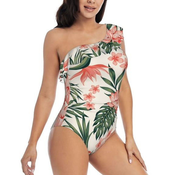 Daiia Lilies Flowers Women's One Piece Swimsuits Personalized One Shoulder Swimwear Asymmetric Ruffle Bathing Suits-XX-Large