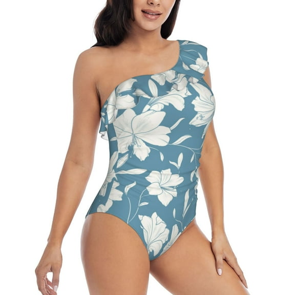 Daiia Lilies Flowers Women's One Piece Swimsuits Personalized One Shoulder Swimwear Asymmetric Ruffle Bathing Suits-XX-Large