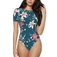 thumbnail image 1 of Daiia Lilies Flowers print Women's Crew Neck Short Sleeve Bodysuit Fashion Tops Fit Casual Basic Extender Bodysuit-Small, 1 of 9
