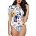 thumbnail image 1 of Daiia Lilies Flowers print Women's Crew Neck Short Sleeve Bodysuit Fashion Tops Fit Casual Basic Extender Bodysuit-Small, 1 of 9