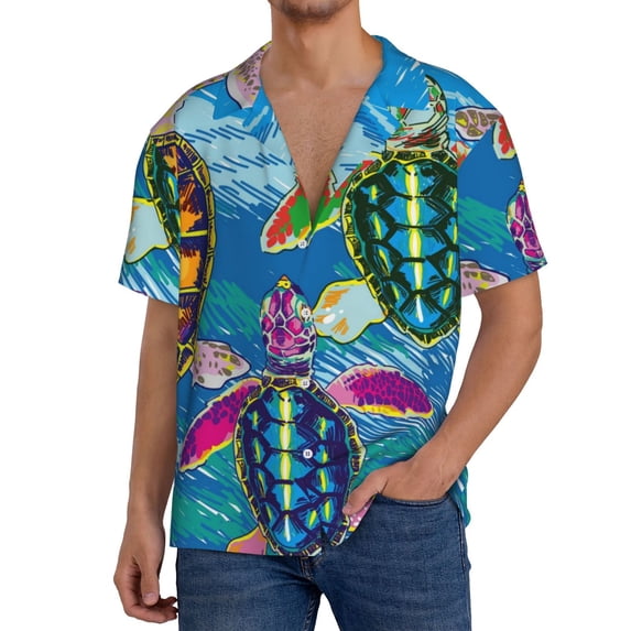 Daiia Little Sea Turtles Men's Linen Shirts Short Sleeve Casual Shirts Button Down Shirt for Men Beach Summer Wedding Shirt-X-Large