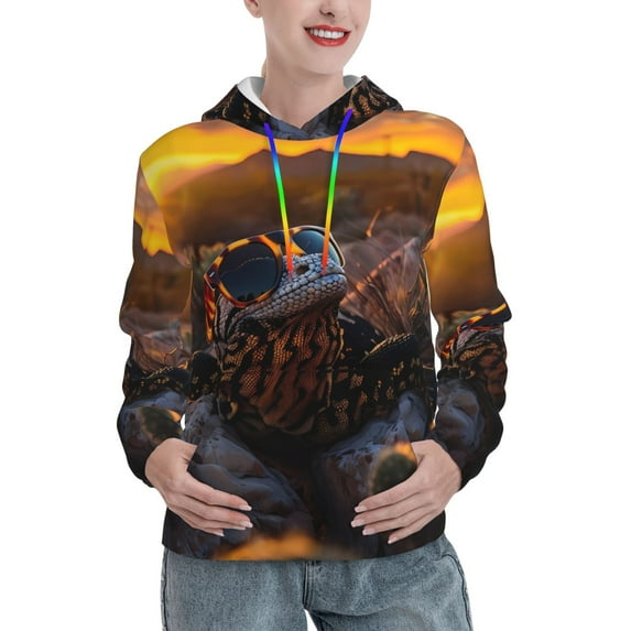 Daiia Lizard With Sunglasses Sunset Pattern Women's Fashion Hoodies & Sweatshirts with Kangaroo Pocket Hooded Sweatshirt with Eye-catching Drawstrings-XX-Large