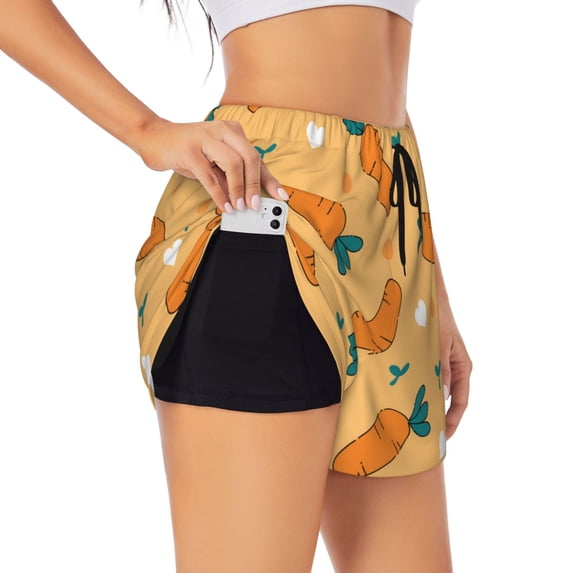 Daiia Love Carrot Pattern Women's 2 in 1 Running Shorts - Lightweight Athletic Workout Gym Yoga Shorts Liner with Phone Pockets-X-Large