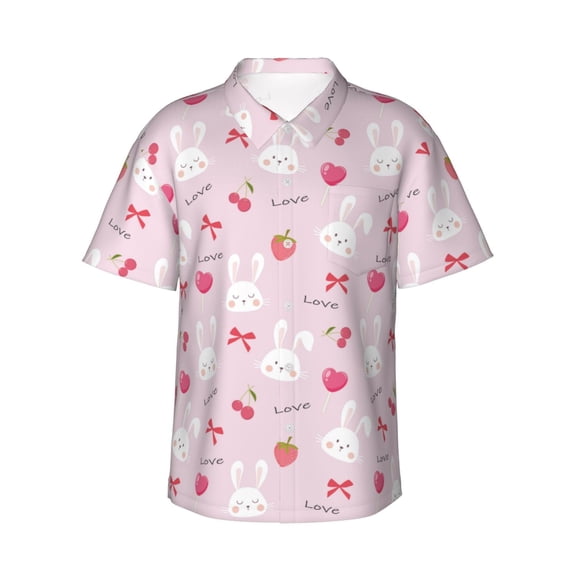 Daiia Love Rabbit Hawaiian Shirt for Men Gentle Cotton Regular Short Sleeve Casual-Medium