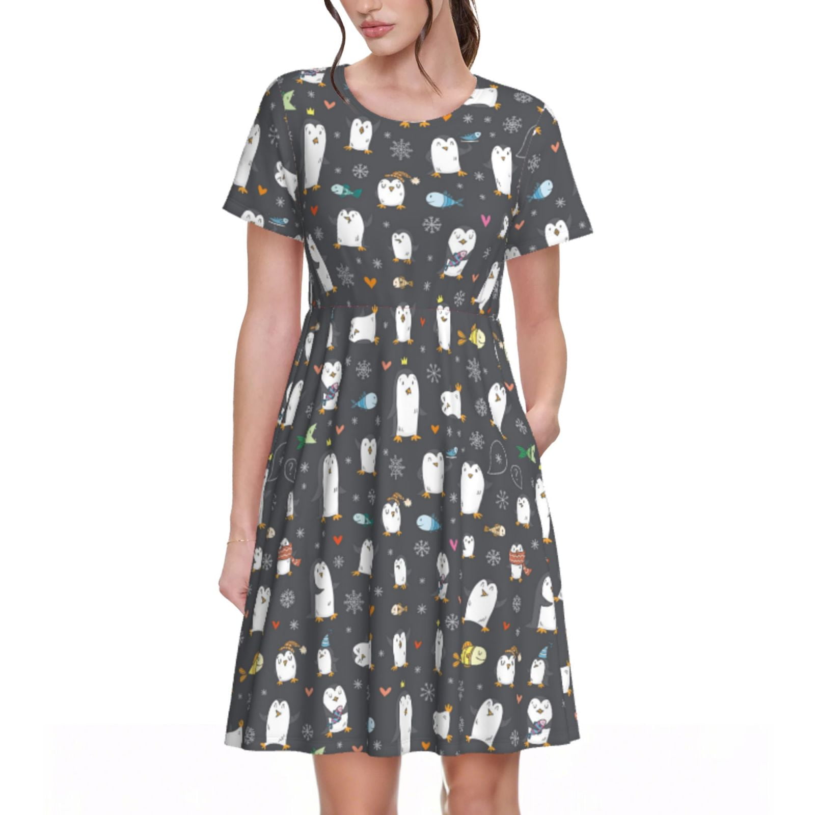 Daiia Lovely Penguin Print Women's Dresses 2025 Trendy Short sleeve Dresses Casual Baggy Flowy ...