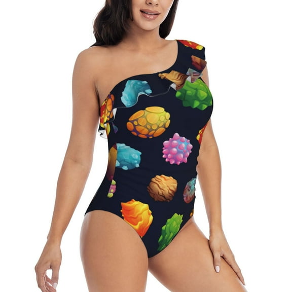 Daiia Lovely Planet Women's One Piece Swimsuits Personalized One Shoulder Swimwear Asymmetric Ruffle Bathing Suits-X-Large