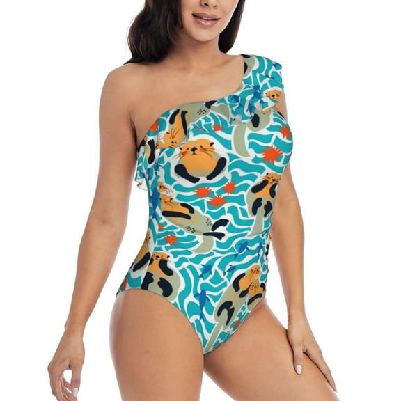 Daiia Lovely Sea Otters Women's One Piece Swimsuits Personalized One Shoulder Swimwear Asymmetric Ruffle Bathing Suits-Medium